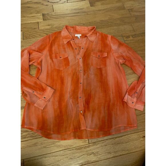 Chico's women's sheer coral button snap collared long sleeve blouse size 2 - Picture 1 of 8